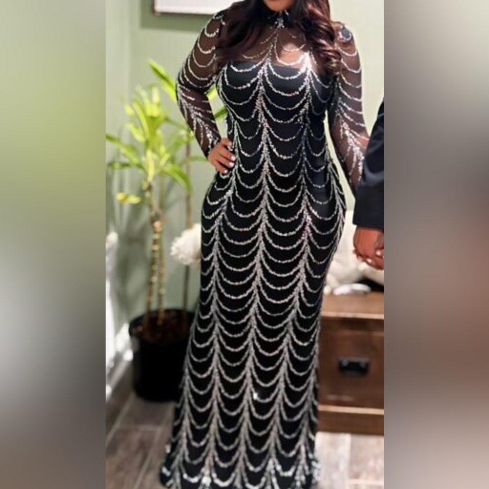 Black and Silver Sequin Long Sleeve Gown